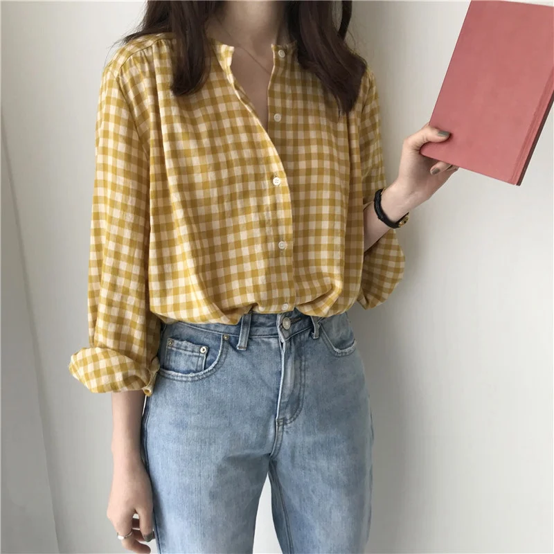 Women Plaid Tops and Blouses Long Sleeve Sweet Shirts Ladies O Neck Loose Casual Korean Style Shirts Blusas femininas