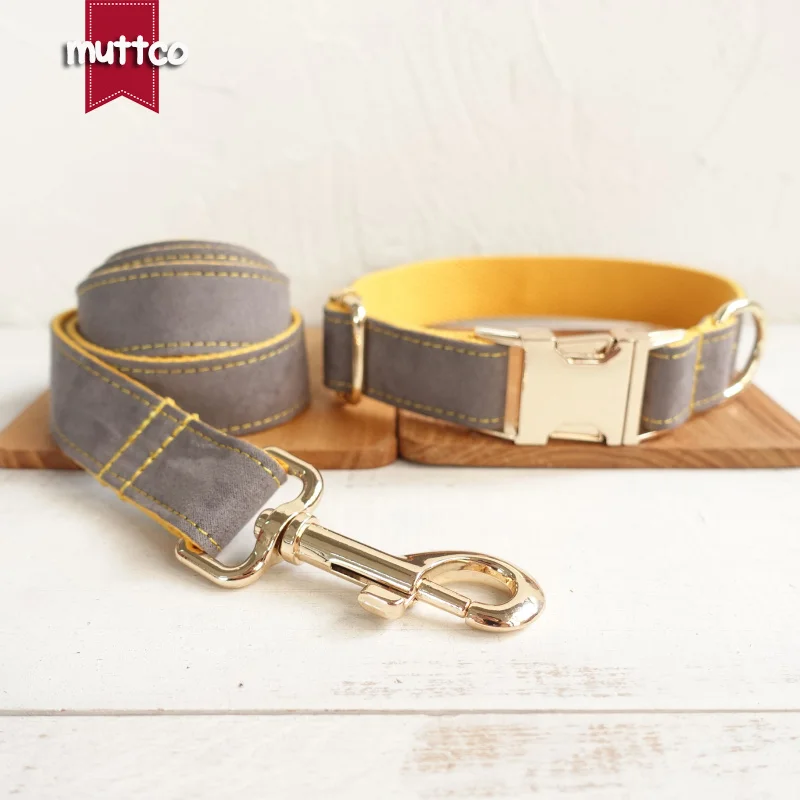 MUTTCO retailing self-design collar GRAY COVER YELLOW handmade poly satin and nylon grey and yellow collar and leash UDC026J