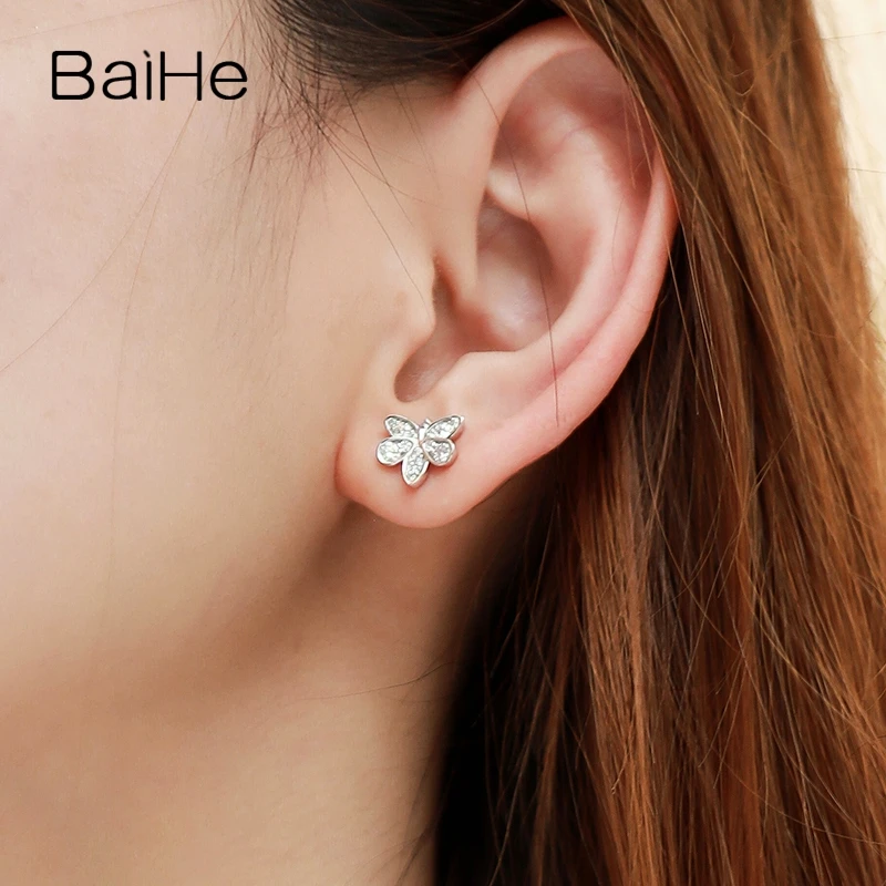 BAIHE Solid 14K White Gold 0.68ct H/SI Natural Diamond Butterfly Stud Earrings Women Wedding Trendy Fine Jewelry kolczyki серьги