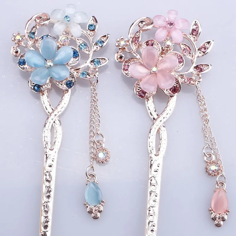 Fashion Metal Chinese Style Hair Stick Flower Rhinestone Hair Chopsticks Hairpin Cat Eye Stone Clip Women Hair Accessories