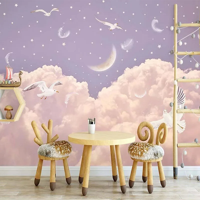 

Photo Wallpaper Nordic Hand Painted Pink Clouds Feathers Starry Sky Mural 3D Romantic Children's Room Background Wall Painting