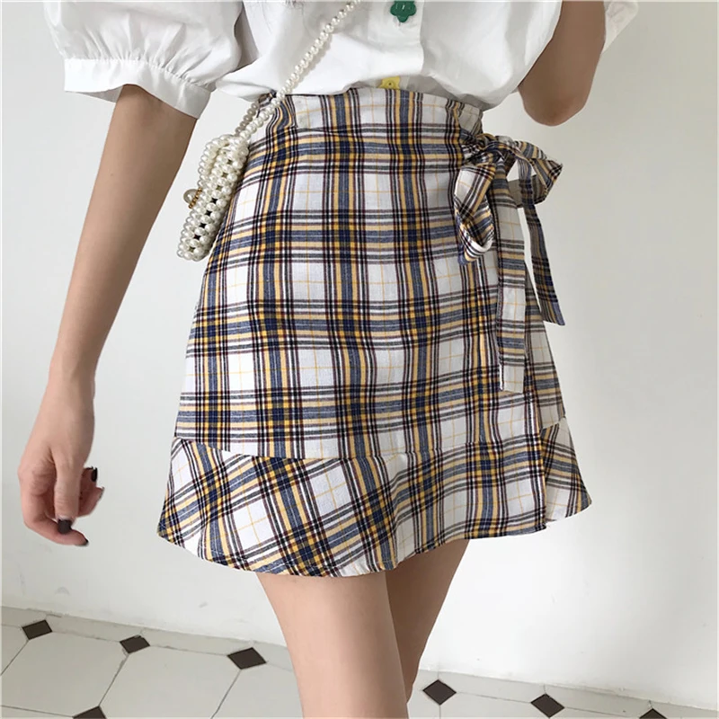 

Casual Vintage Plaid Women Empire Bow Mini A-Line Skirt Summer Korean Female Kawaii Students High Waist Above Knee Skirts