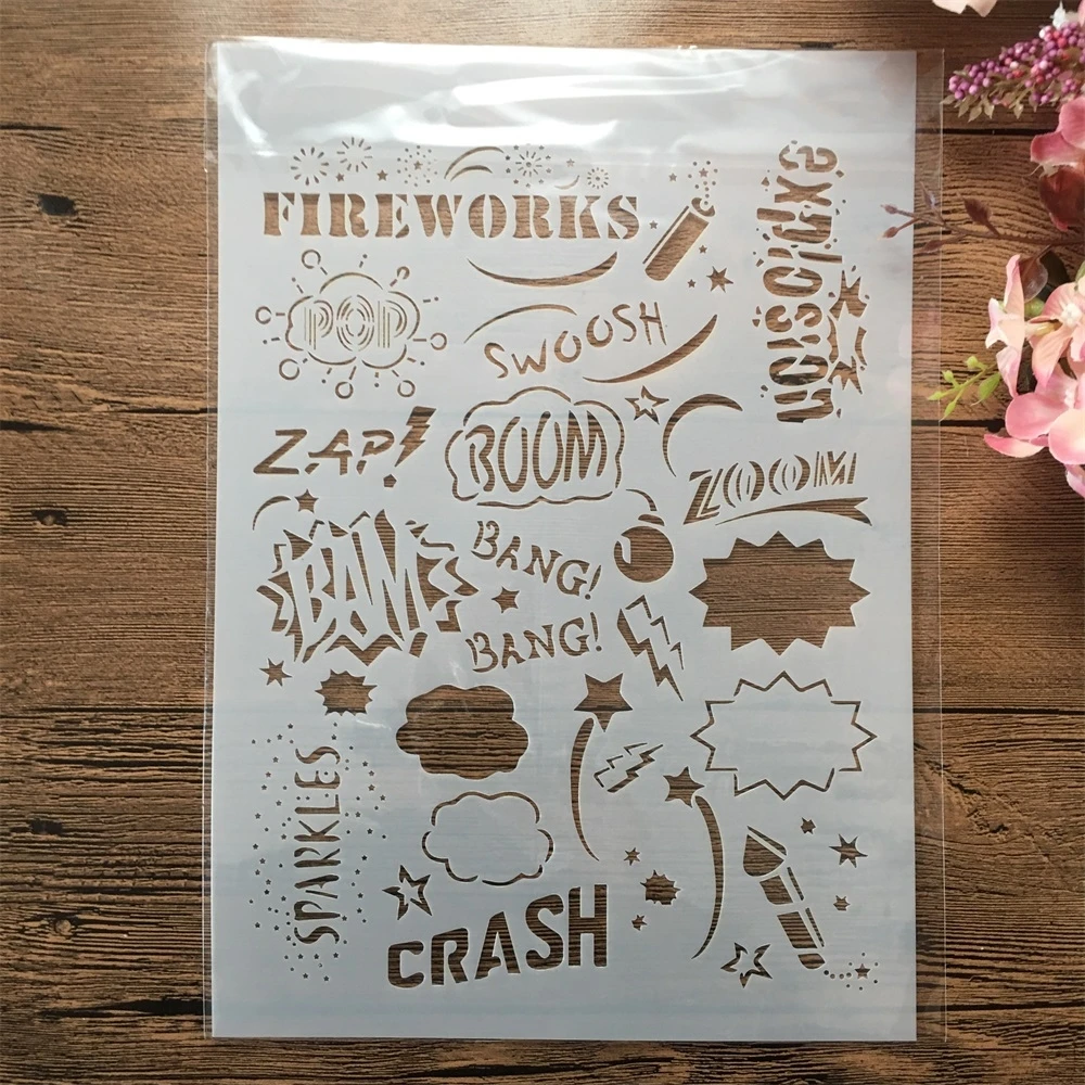 A4 29cm Fireworks Words Label DIY Layering Stencils Wall Painting Scrapbook Coloring Embossing Album Decorative Template