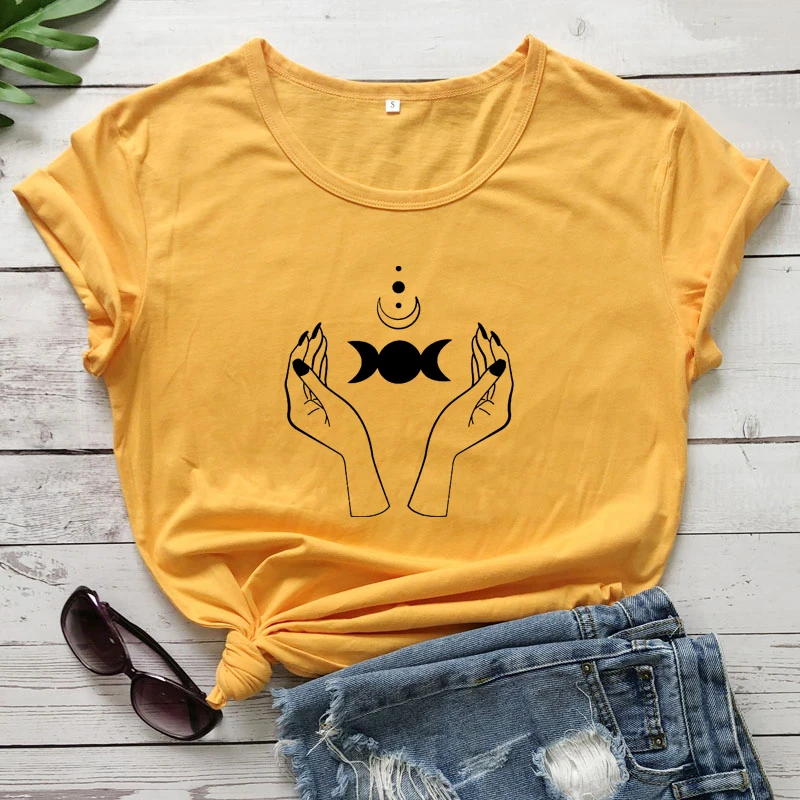 Mystische Mond Phasen T-shirt Ästhetische Frauen Grunge Hexe Hand Top T Shirt Lustige Sommer Kurzarm Celestial T-shirt Camiseta