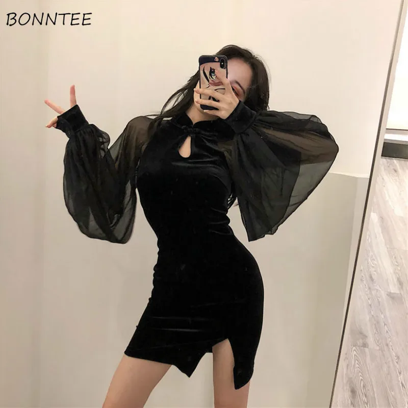 

Long Sleeve Dress Women Hollow Out Streetwear Elegant Female Causal Fashion Mesh Side-slit Patchwork Simple Sexy Autumn College