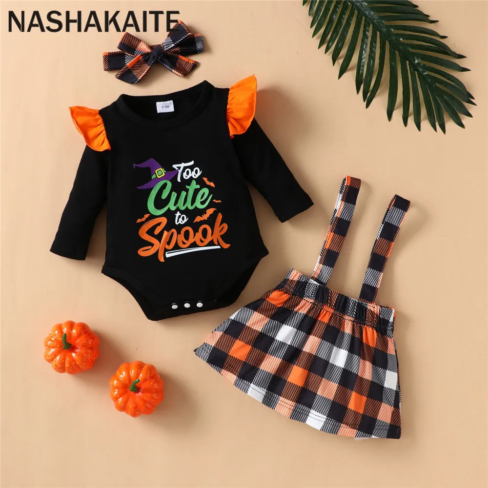 

NASHAKAITE 2021 My First Halloween Outfits Baby Romper And Plaid Suspender Skirt For Baby Girl Clothing Set kids clothes girls