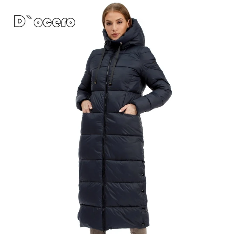 D`OCERO 2022 Winter Women Thickening Hooded Parkas Long Knee Padded Quilted Coat Oversize Down Jacket Windproof Female Outerwear