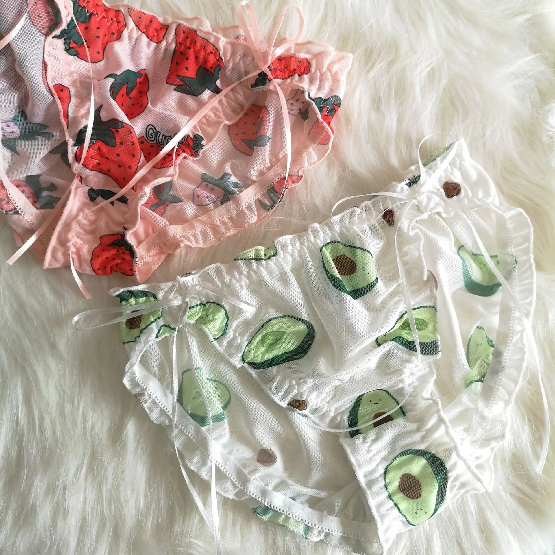 Lolita Cute Fruit Printed Mesh thong Women's Underwear Sexy Frenulum Bowknot Lace Panties Transparent G-String Lingerie