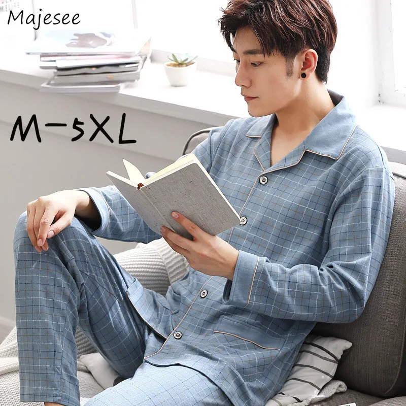 Pajama Sets Men Oversize M-5XL Long Sleeve Turn-down Collar Mens Lunge Sleepwear Suit Baggy Comfortable Casual Home Clothing Ins