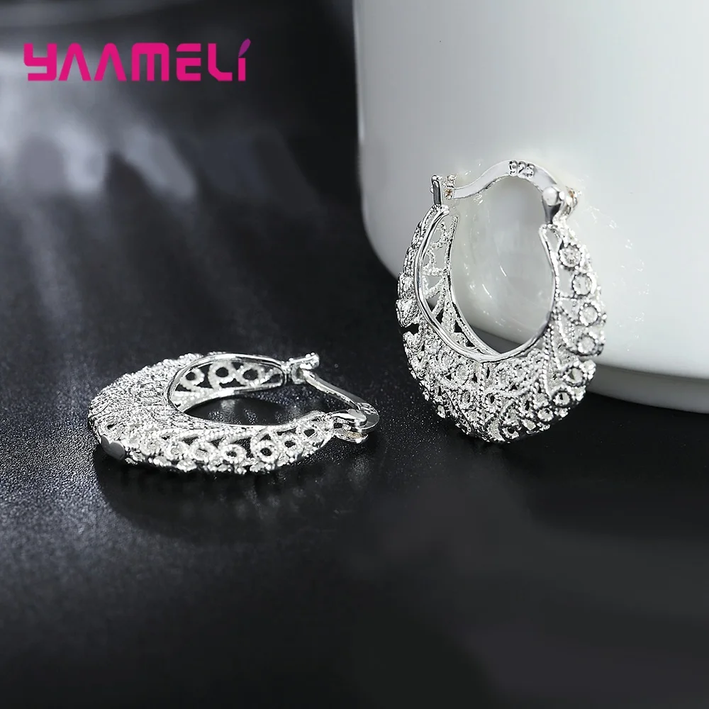 Ethnic Vintage Pattern Hoop Earrings 100% 925 Sterling Silver Real S925 Jewelry Woman Famle Wedding Engagement Party Gifts