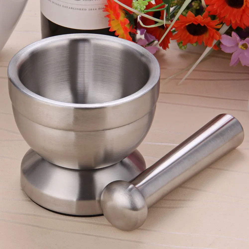 Double Stainless Steel Metal Mortar Salt And Pestle Pedestal Bowl Garlic Press Pot Herb Mills Pepper Spice Grinder  Pot