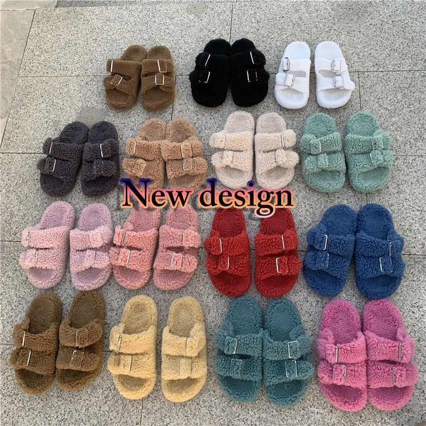 European Station Wool Slippers Summer Fur Open-Toe Slippers Women Fashion Home Soft Sandals