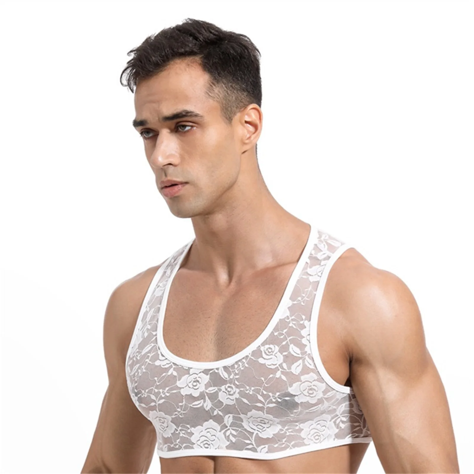 CLEVER-MENMODE Erotische Sissy Weste Mens Sehen Durch Sexy Sheer Dessous Ärmellose Spitze Babydoll Crop Top Mini Weste Clubwear Bhs