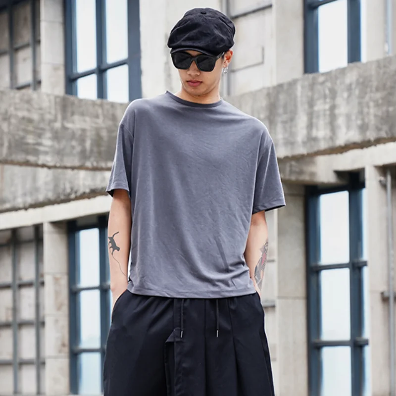 

Men's new fashion high street dark wind side pull rope design short sleeves hairstylist round neck men's large size short sleeve