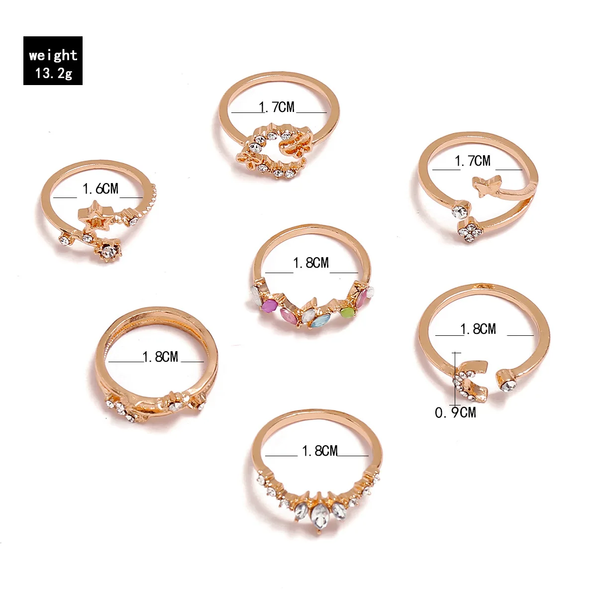 7pcs/Set Fashion Star Moon Knuckle Finger Rings Set For Women Colorful Crystal Geometric Female Wedding Ring  Boho Jewelry Gift