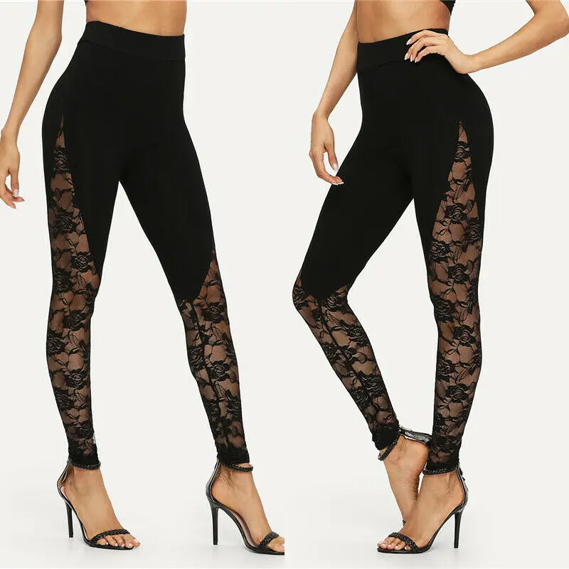 Mallas de encaje de cintura alta para mujer, Leggings negros, florales, con Panel lateral, recortados, S, M, L, 2XL