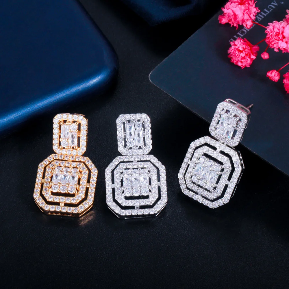 Pera Classic Dangle Bling Square Cubic Zirconia Silver Color Drop Earrings for Bridesmaid Wedding Party Jewelry Gift E719