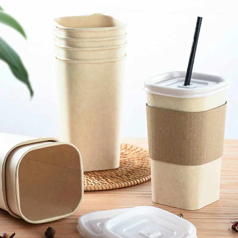 50sets Net red sugarcane pulp PLA paper cup with lid coffee paper cup hot drink anti-scalding square cup degradable milk tea cup