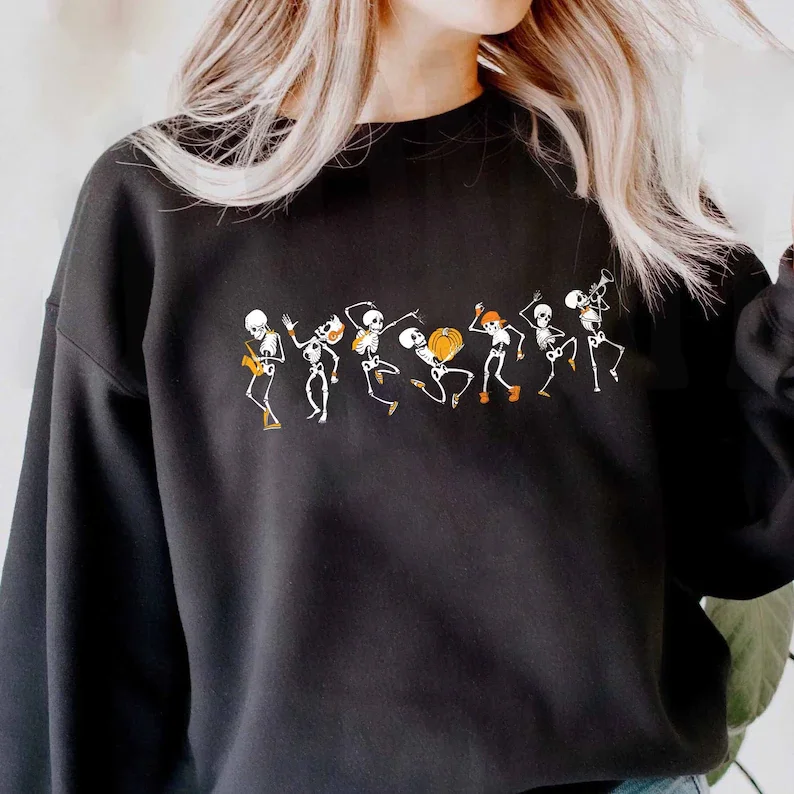 Dancing Skeleton Sweatshirt Happy Halloween Shirt Funny, Sweater Oversize Female Loose Cotton Thicken Sweatshirts Lady Fashion