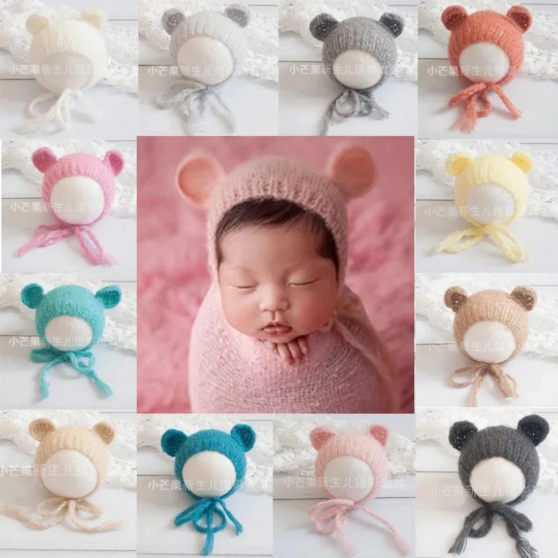 

Newborn Mohair Ear Bear Hat Bonnet Baby Infant Photography Props Cap Gorro Bebe Handmade Knitted Hats Photo Accessories