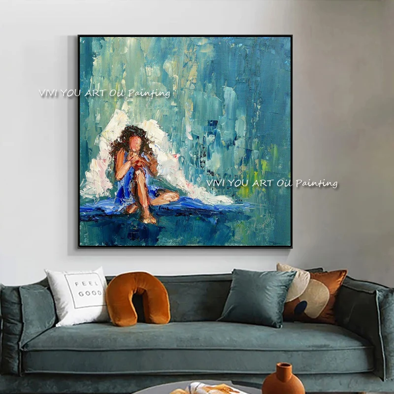 The Top Angle Girl Handmade Palette Abstract Green Oil Painting On Canvas Large Blue Paintings For Living Room Wing Woman Figure