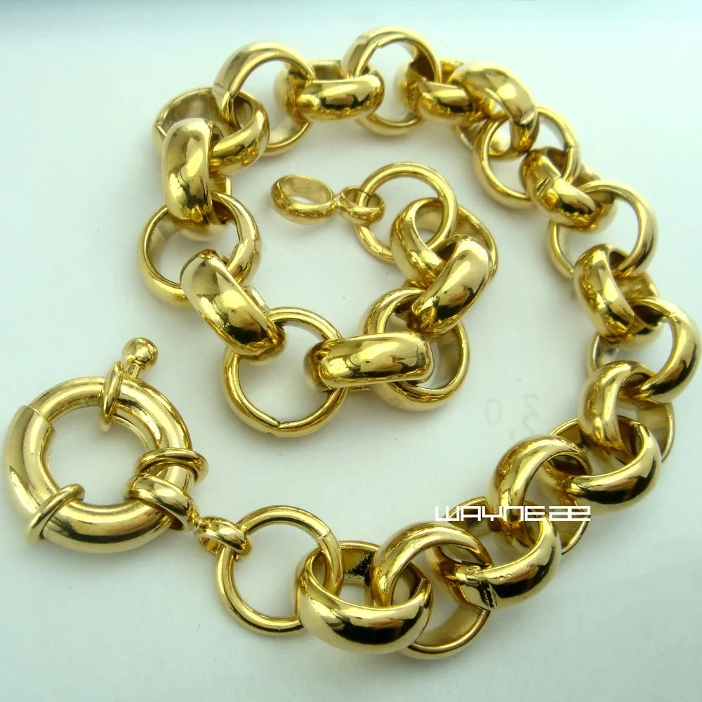 Gold Color 11mm width Belcher Bolt Ring Link Men Women Solid Bracelet Jewllery B164