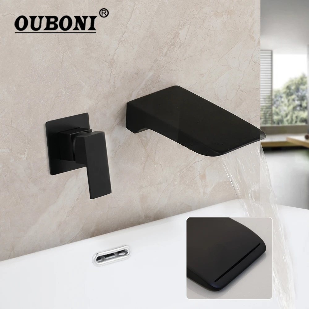 

OUBONI Matte Black Bathroom Bathtub Faucet Wall Mounted Soild Brass Waterfall Water Basin Sink Bathtub Mixer Tap Faucet Set