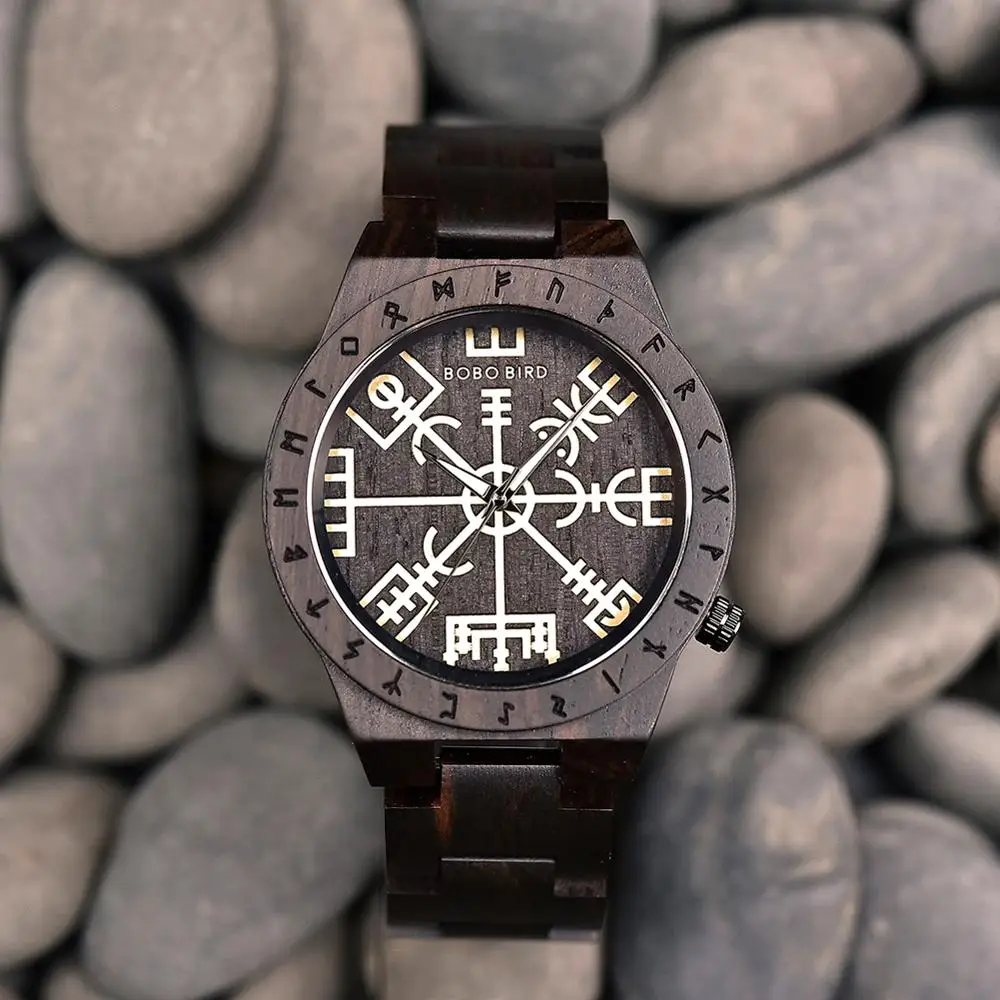 BOBO PÁSSARO-Relógio de quartzo masculino com Golden Hem of Awe, relógio de pulso de madeira masculino, relógios Runic Circle, Vegvisir personalizado