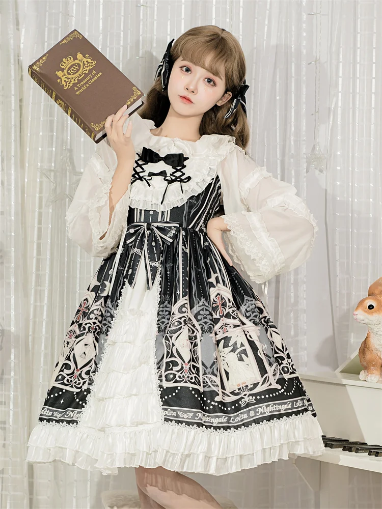 Ragazza gotica pizzo carino Bowknot abito Lolita nero volant elegante stampa palazzo Vintage dolce donna Cosplay Lolita Op Loli