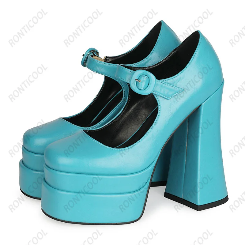 Ronticool Handmade Women Chic Platform Pumps Chunky Heels Square Toe Gorgeous Pink Blue Orange Party Shoes US Plus Size 4-13