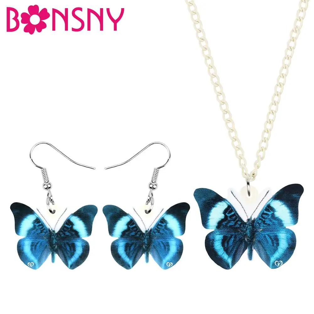 

Bonsny Acrylic Blue Morpho Butterfly Jewelry Sets Insect Animal Necklace Earrings For Women Teens Kids Gifts Fashion Decorations