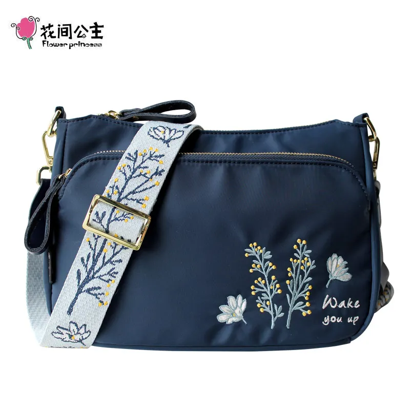 Flower Princess Embroidery Wide Strap Crossbody Bag for Women Nylon Casual Shoulder Bag Women\'s Messenger Bag Daily Use