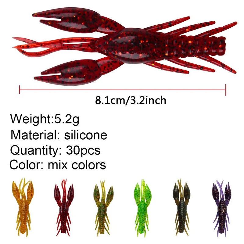 54pcs/box Soft Lobster fishing Lures jigging bait bionic crayfish Artificial Worm with jig hook for texas fishing rigs kit