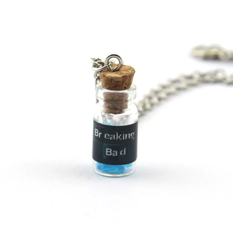 TV Breaking Bad Metal Pendant Necklace Inspired Crystal Sky Blue Vial Cork Bottle Necklace for Woman Men Keyring Jewelry