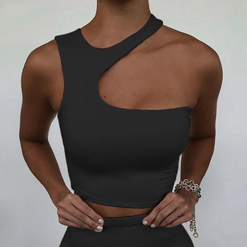 Cut Out Sexy Crop Off Schulter Solide Dünne Sport Kurze Tops Frauen Tank Unregelmäßigen Sommer Rohr Tops – Detail 6