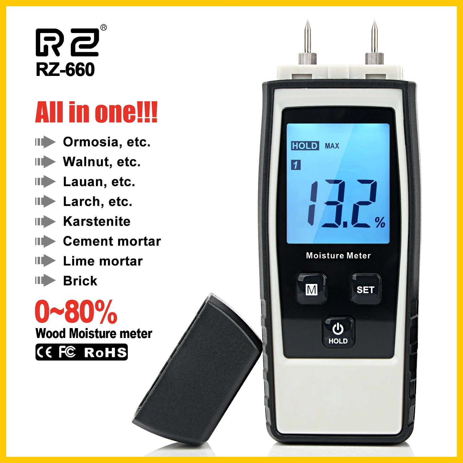 RZ Moisture Meter Digital Wood Moisture Meter 0-80% Wood Working Tester Measuring tool RZ660