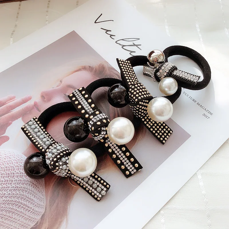 Retro light luxury black and white pearl head rope hair tie knotted Korea Dongdaemun rubber band ball hair rope hairaccessories