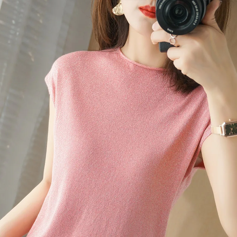 

Korean Summer New Cool Ice Silk Lurex Short Sleeve T-Shirt Female All-Match Basic Sweater Loose Knitted Thin Tee Shirt Femme