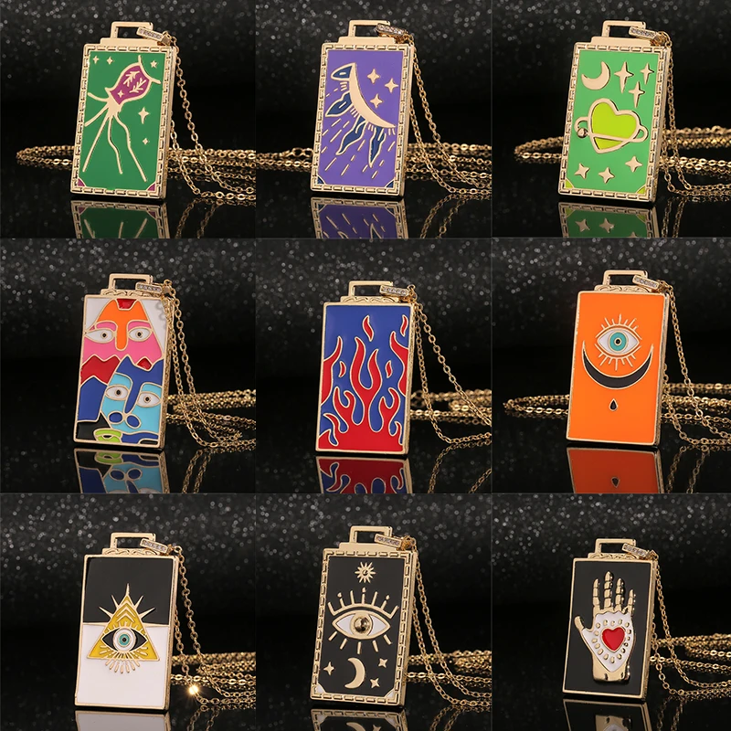 

Y2K Fashion Tarot Cards Necklaces High Quality Cartoon Star Moon Square Charm Necklace For Women Chic Party Jewelry Accessories