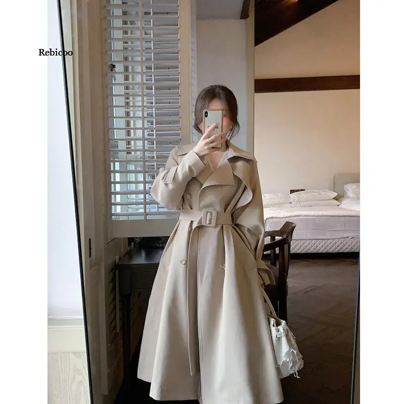 

Autumn Winter Women New Long Windbreaker Women Full Sleeve Turn Down Collar Korean Style Vintage Long Trench Coat with Belt