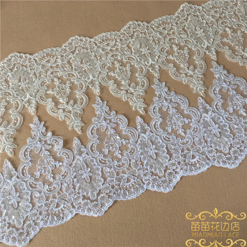 Delicate 1Yard White/Ivory Sequin Cording Fabric Flower Venise Venice Mesh Lace Trim Applique Sewing Craft for Wedding Dec. 23cm