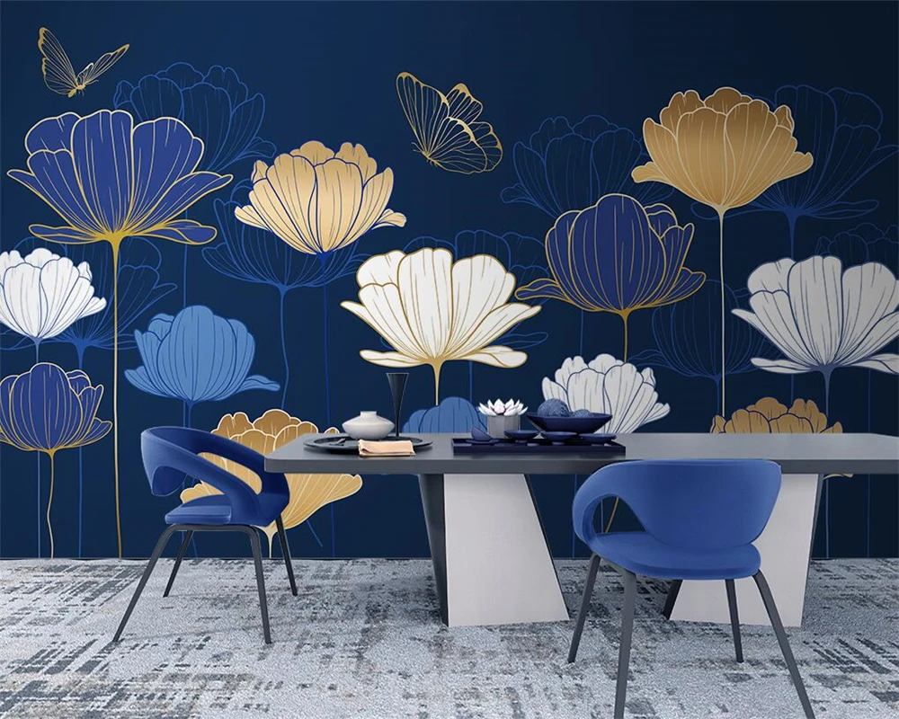 beibehang Customized new modern minimalist light luxury plant line lapis lazuli blue background papel de parede wallpaper