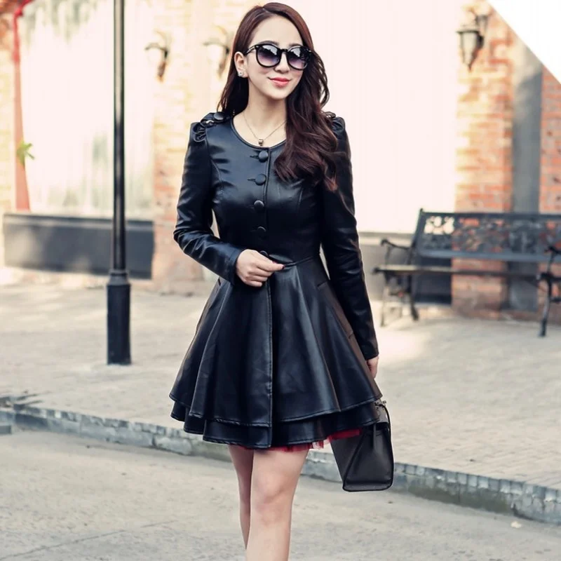 Leather Autumn Trench Coat For Women Plus Size 6XL Long Sleeve Single Breasted PU Leather Jackets Female Leather Dress Black