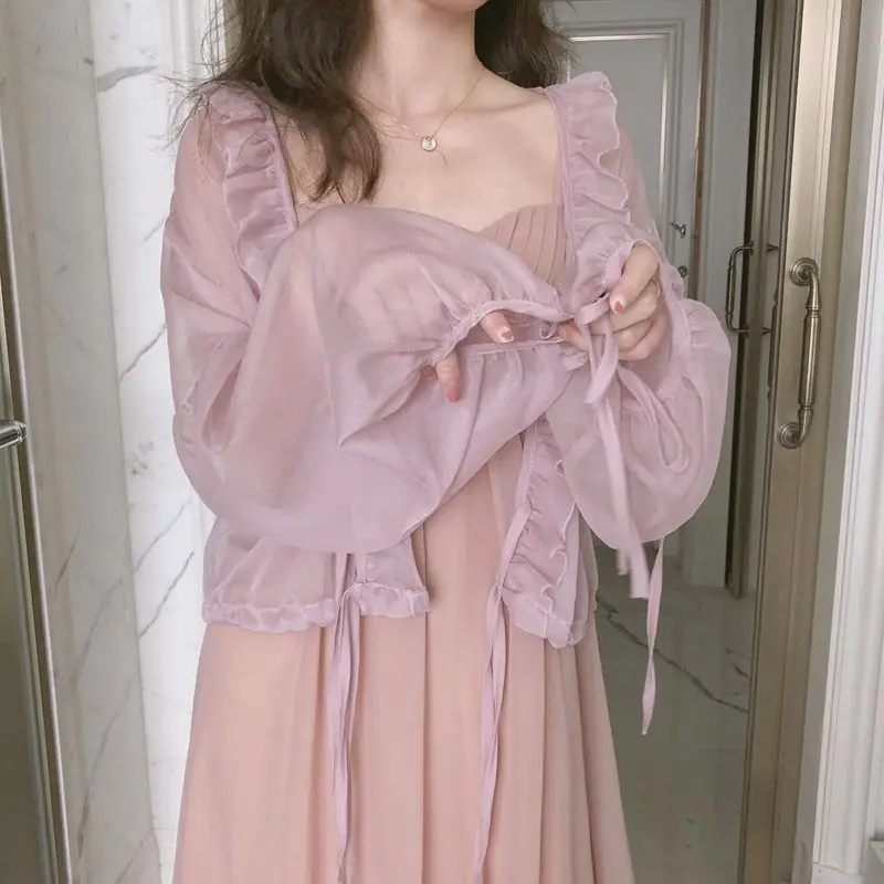 Blouses Women Ruffles Lantern Sleeve Fairy Solid Thin Chiffon All-match Ulzzang Lovely Teen Elegant Leisure Fashion Retro Simple