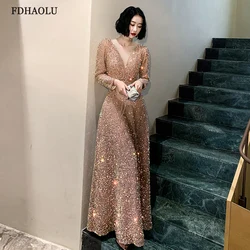 Customized Sequined Long Sleeves Evening Dress O Neck Glitter Prom Dresses Plus Size Elegant Floor Length Vestido de noiva