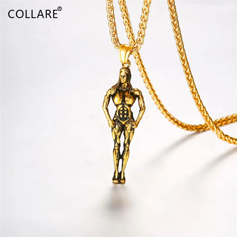 Fitness Sport Women Athlete Pendant Gold/Black Color Bodybuilding Muscle Stainless Steel Champion Gift Hip Hop Necklace QC24