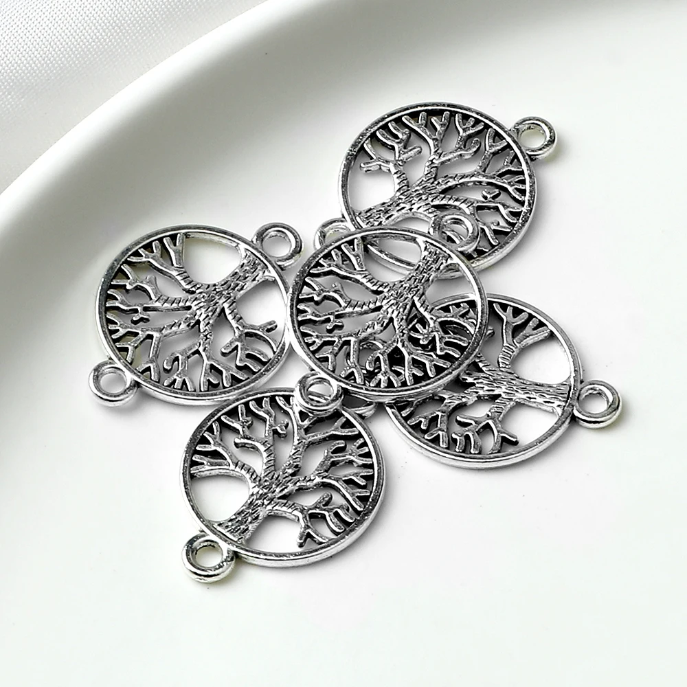Tree Of Life Pendant Round Hollow DIY Vintage Silver Color Metal Bracelet Neacklace Charm Making Fashion Jewelry Accessorie Gift