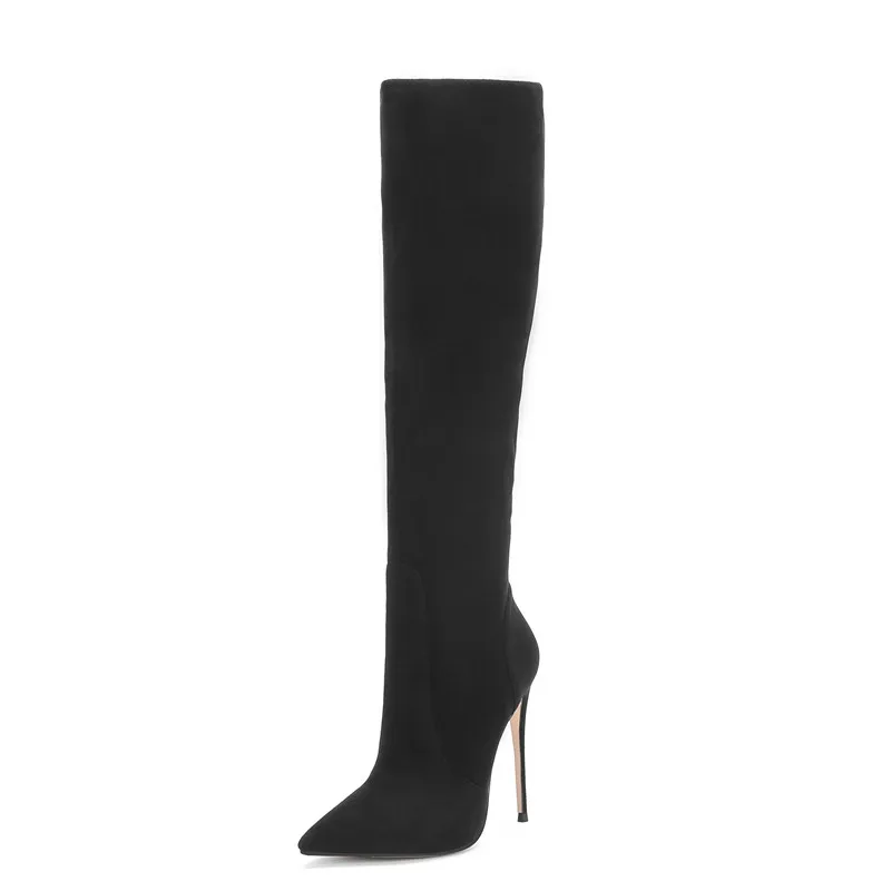 Black Thin Heel Women Knee High Boots Sexy Nubuck Ponited Toe White Boots Fashion Handmade Customized 10-12Cm High Knee Boots