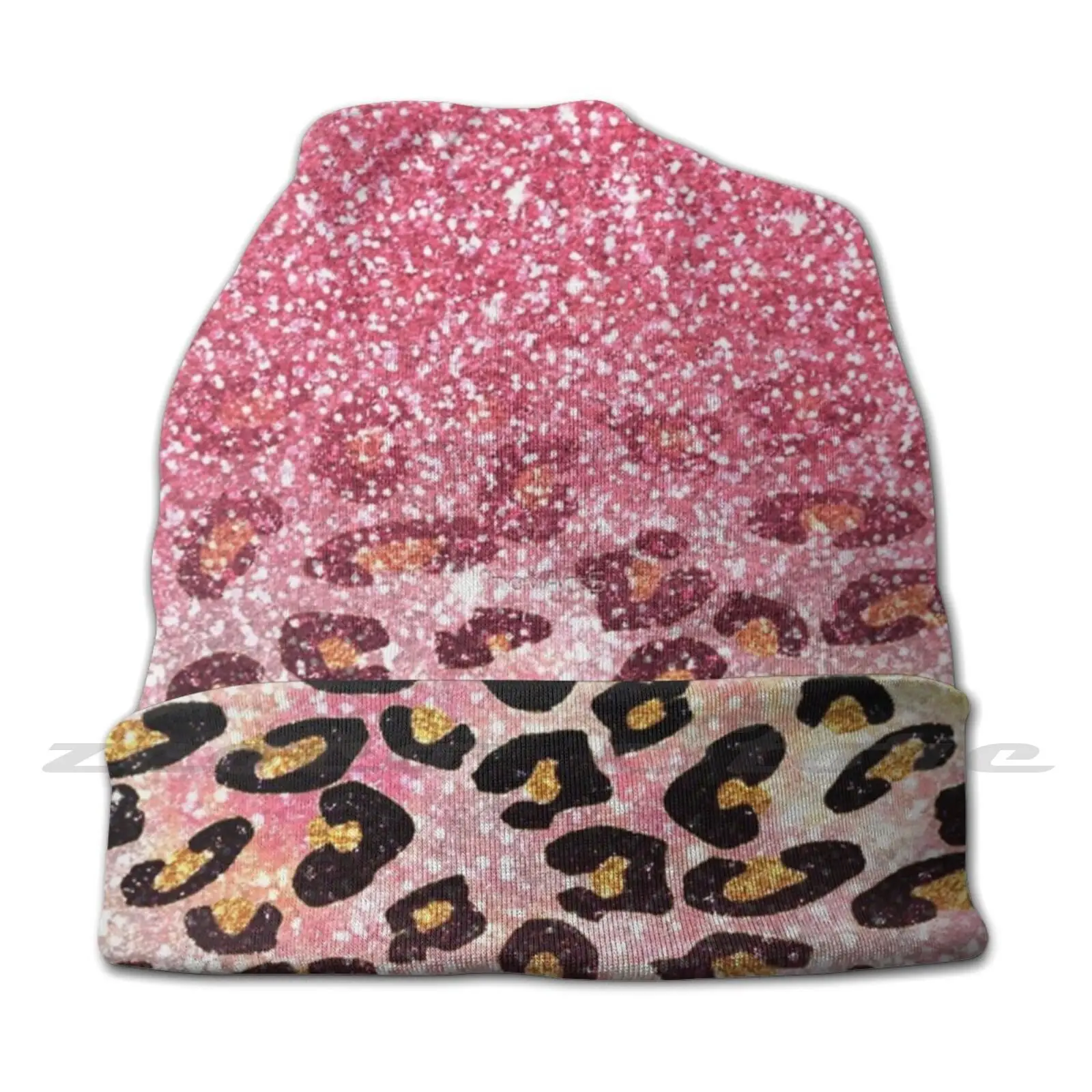 Bubble Gum Pink Faux Glitter Leopard Animal Print Personalized Pattern Knit Hats Plus Size Elastic Soft Cap Cute Girly Trendy