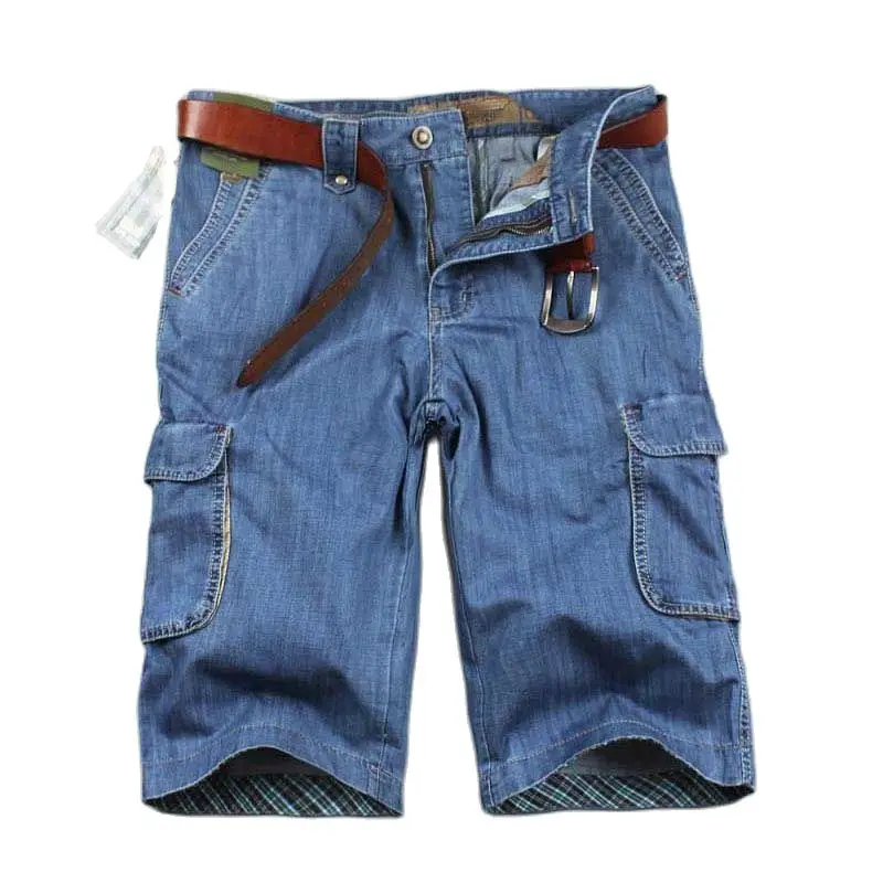 Summer New Brand Mens Jeans Denim Shorts Cotton Cargo Shorts Big Pocket Loose Baggy Wide Leg Embroidery Bermuda Beach Boardshort